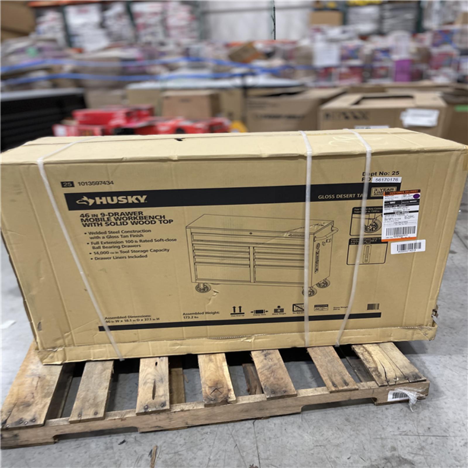 DALLAS LOCATION- NEW!- Husky Standard Duty 46 in. W x 18 in. D 9-Drawer Gloss Tan Mobile Workbench Cabinet with Solid Wood Top