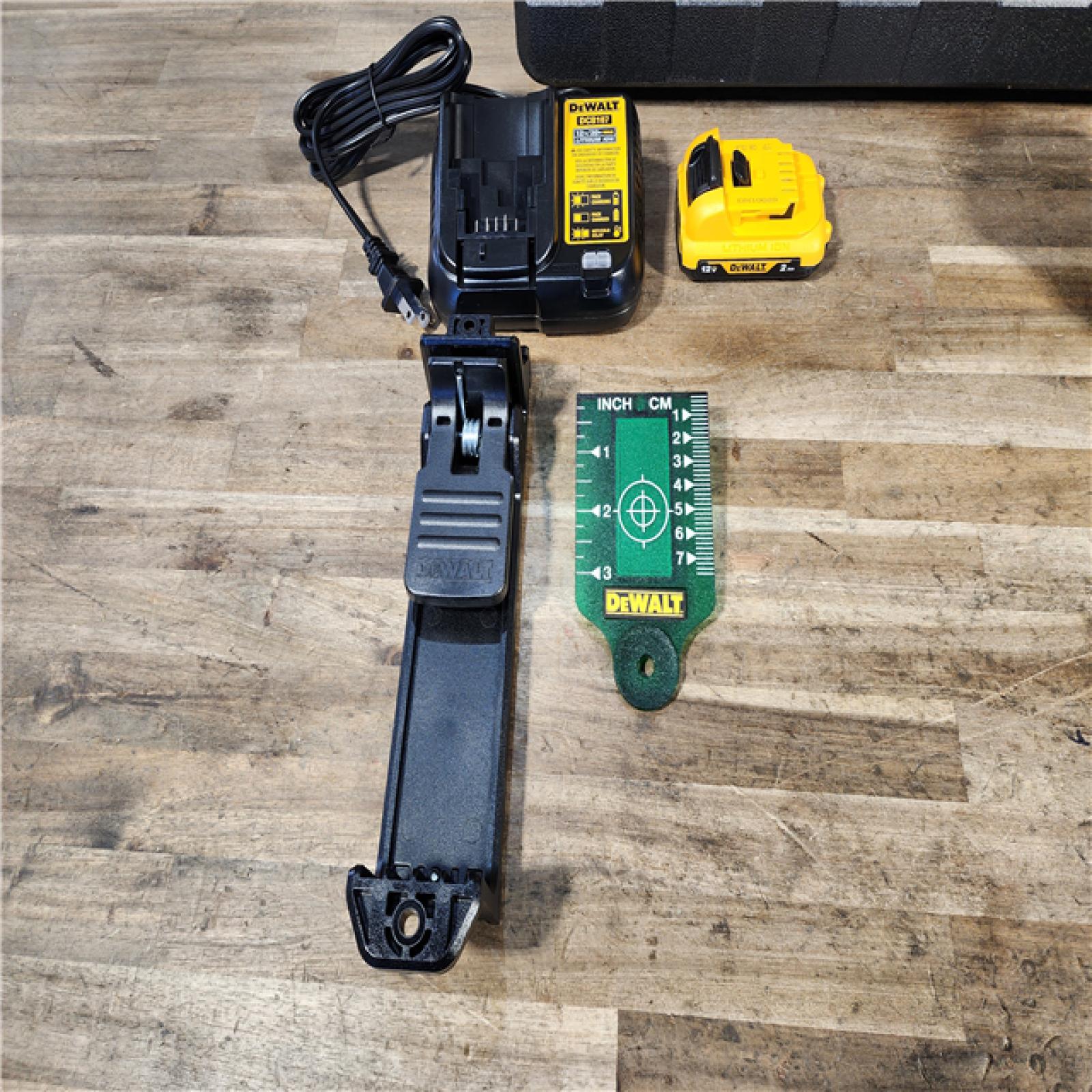 HOUSTON LOCATION - AS-IS DEWALT 12V MAX Lithium-Ion 100 ft. Green Self-Leveling 3-Beam 360 Degree Laser Level with 2.0Ah Battery  Charger and Case