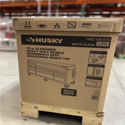 DALLAS LOCATION - Husky 72 in. W x 24 in. D Heavy Duty 18-Drawer Mobile Workbench Cabinet with Adjustable-Height Hardwood Top in Matte Black