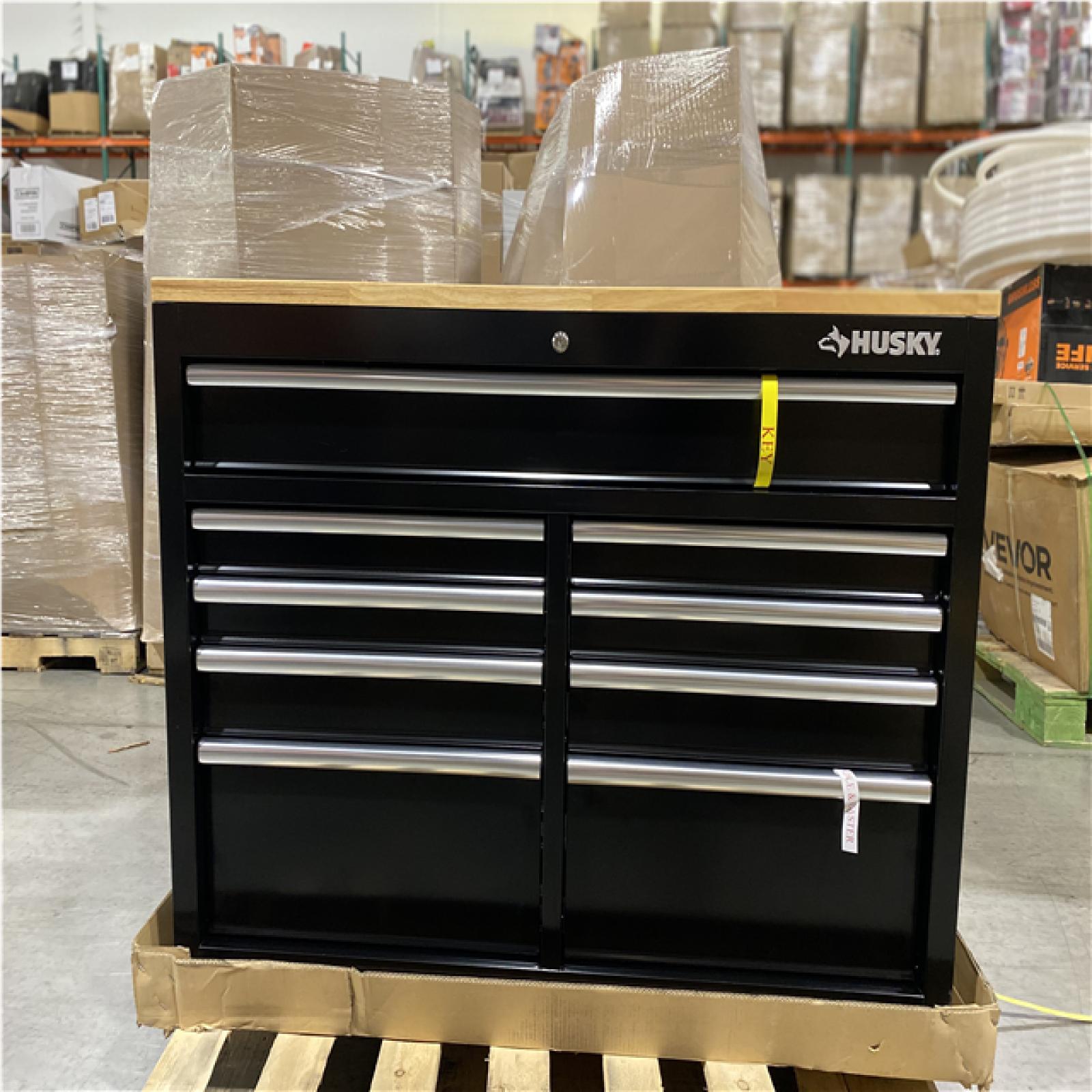 DALLAS LOCATION-  HUSKY 46 in. W x 51 in. D Mobile Workbench Cabinet  W/ Full Length Extension Table (GLOSS BLACK/WOOD TOP)