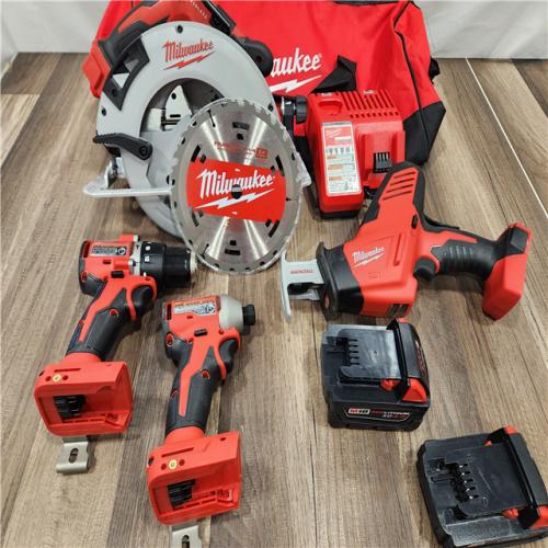 AS-IS Milwaukee M18 18-Volt Lithium-Ion Brushless Cordless Combo Kit (4-Tool) with 2-Batteries, 1-Charger and Tool Bag
