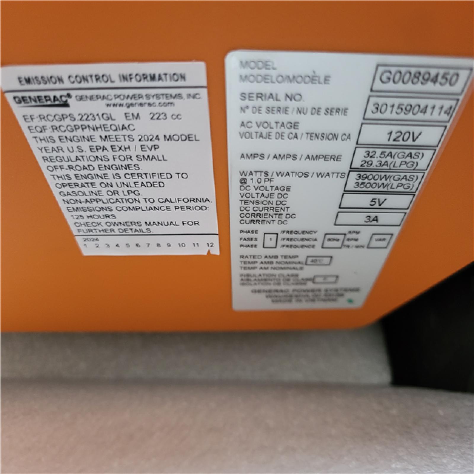 CALIFORNIA AS-IS GENERAC PORTABLE GENERATOR