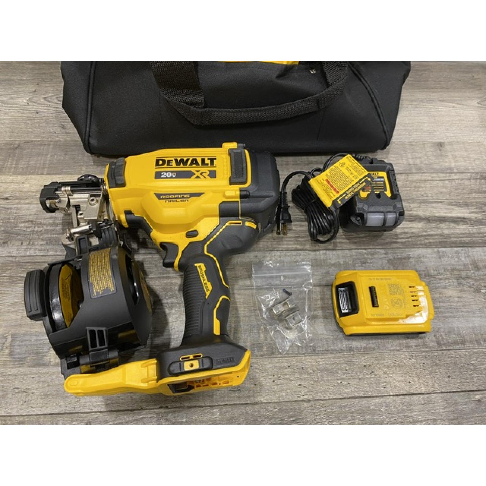 AS-IS DEWALT 20V MAX Lithium-Ion 15-Degree Electric Cordless Roofing Nailer Kit