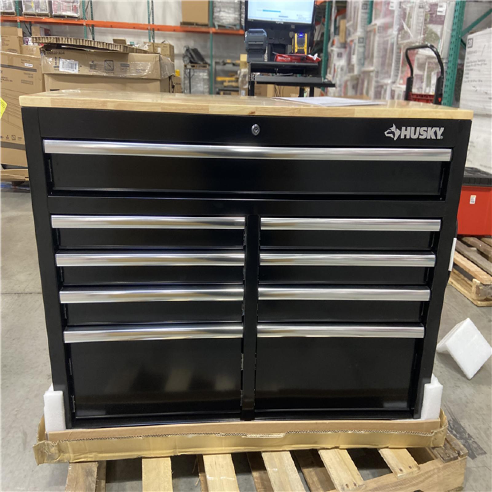 DALLAS LOCATION - Husky Tool Storage 46 in. W x 18 in. D 9-Drawer Mobile Workbench Cabinet in Gloss Black