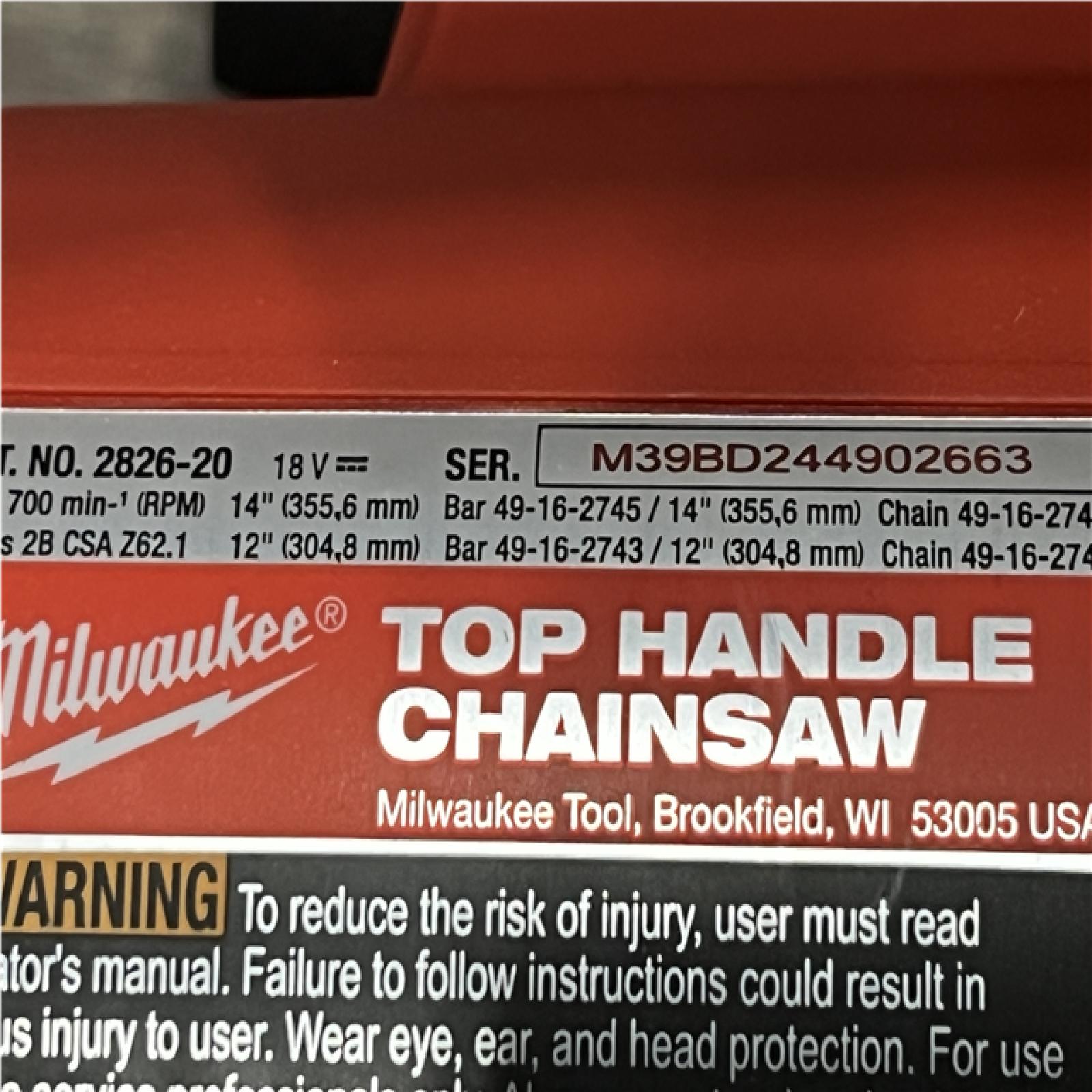 AS-IS Milwaukee FUEL 14 in. 18V Lithium-Ion Brushless Cordless Battery Top Handle Chainsaw (Tool Only)