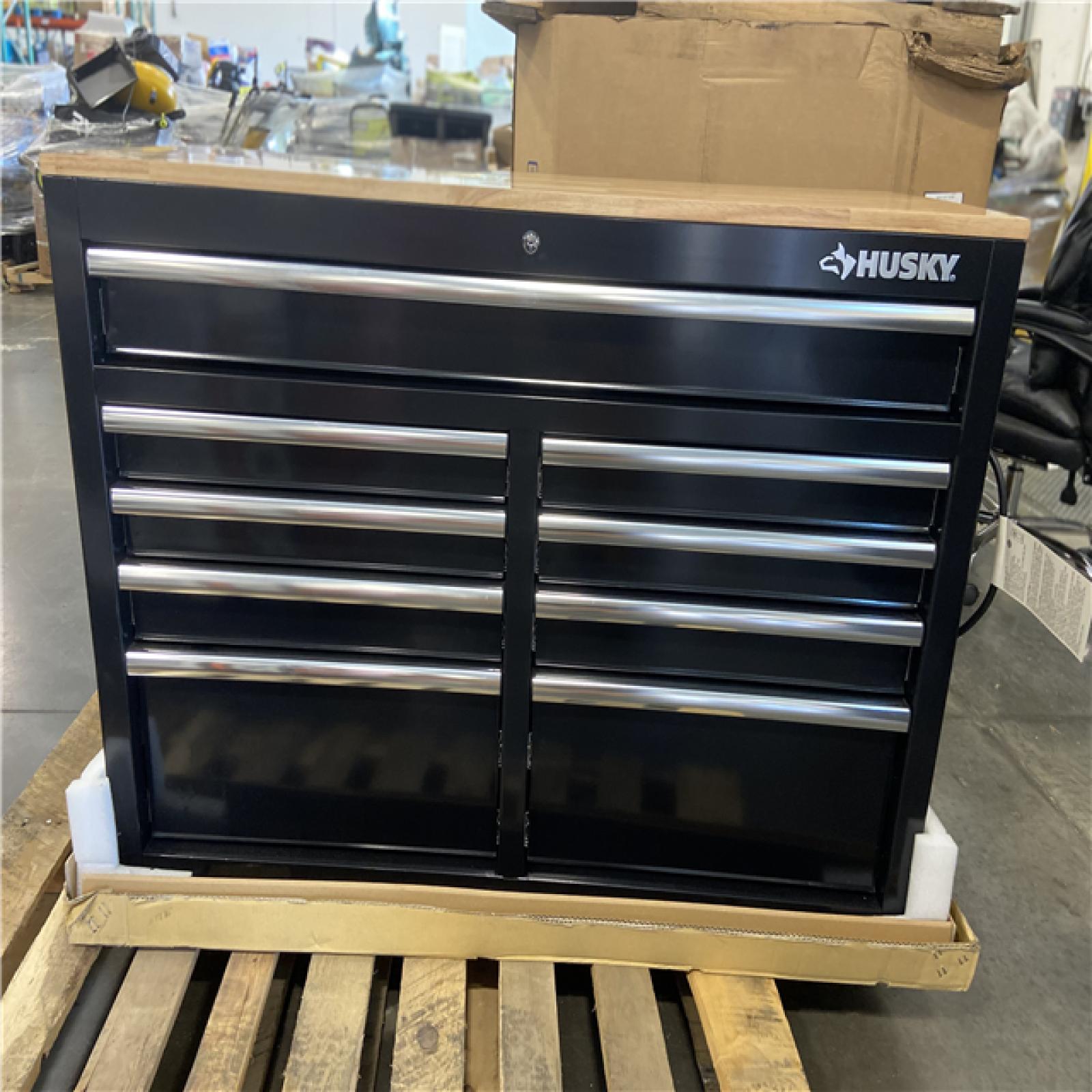 DALLAS LOCATION - Husky Tool Storage 46 in. W x 18 in. D 9-Drawer Mobile Workbench Cabinet in Gloss Black