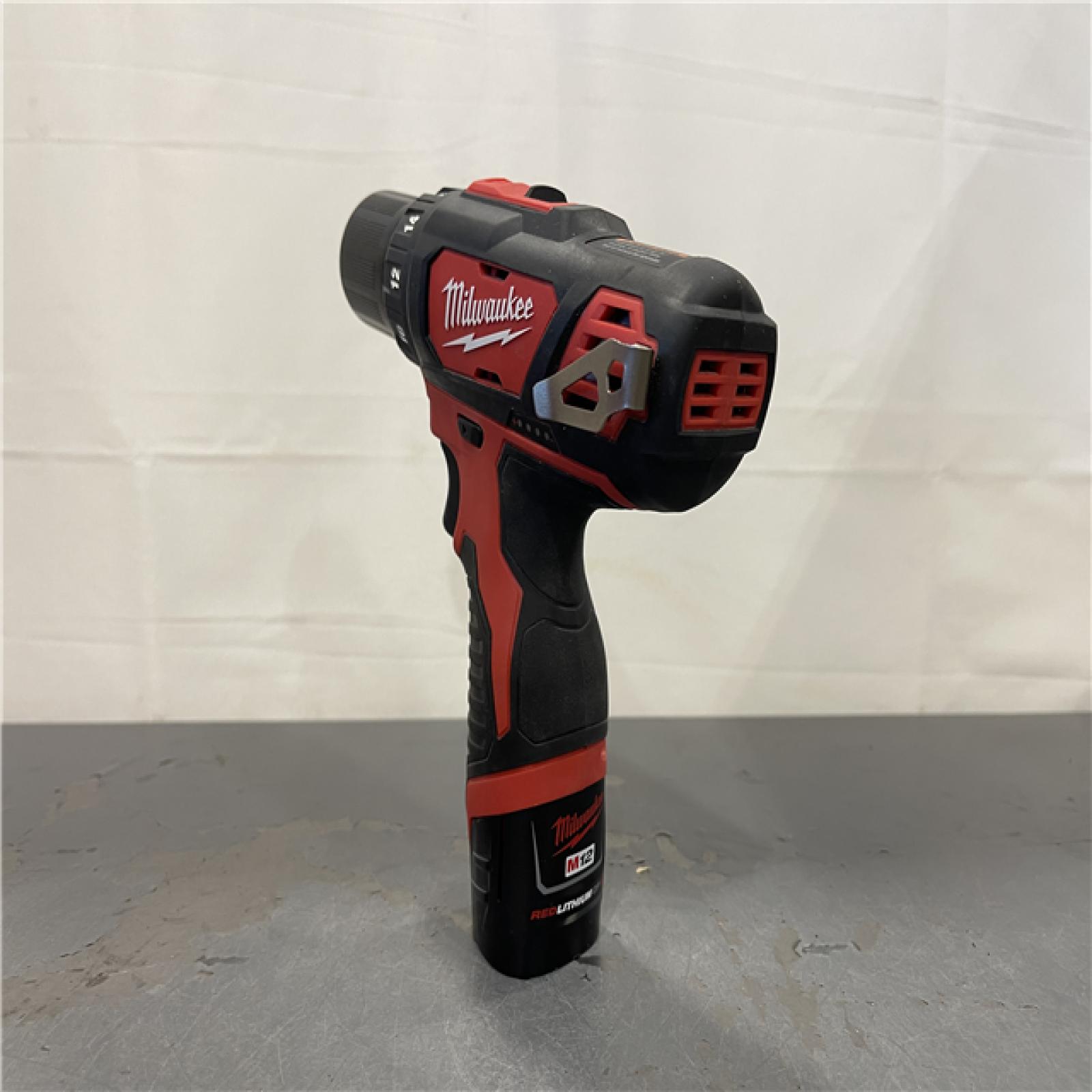 AS-IS - MILWAUKEE M12 12V Lithium-Ion Cordless 3/8 in. Drill/Driver Kit with Two 1.5 Ah Batteries, Charger and Tool Bag