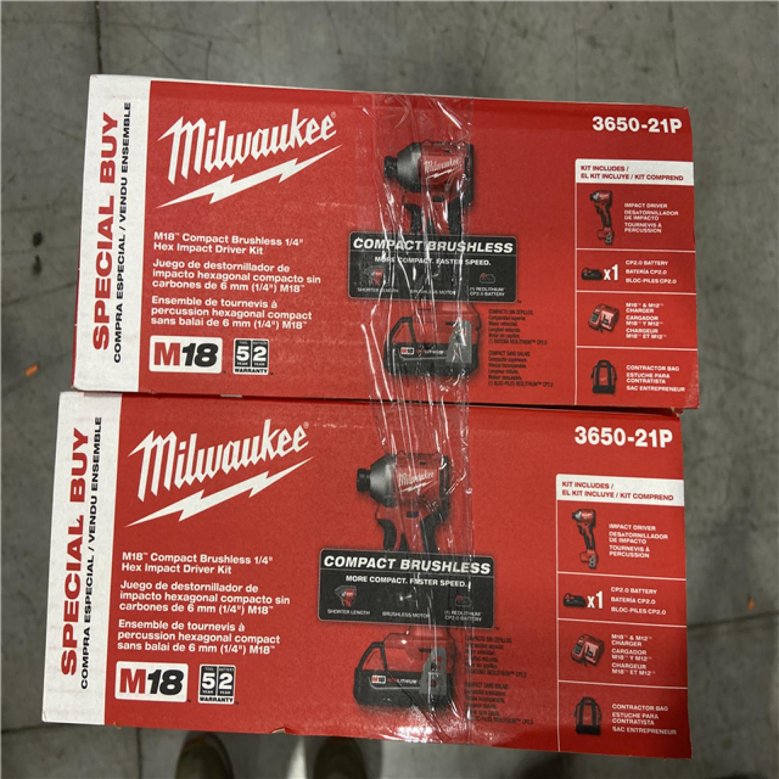 NEW! - Milwaukee M18 18-Volt Lithium-Ion Compact Brushless Cordless 1/4 in. Impact Driver Kit - 2 UNITS