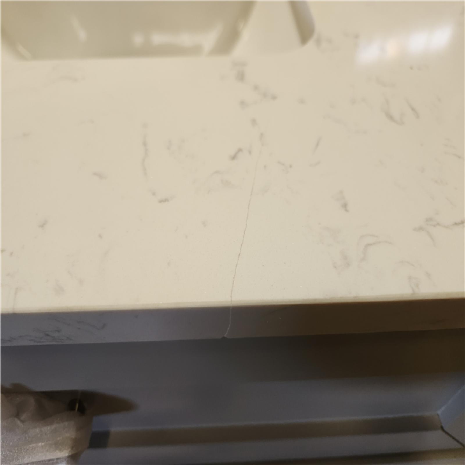 Phoenix Location AS-IS Home Decorators Collection Talmore 72 in. Double Sink Sky Grey Bath Vanity with White Engineered Carrara Marble Top (Assembled) (Damaged Top)
