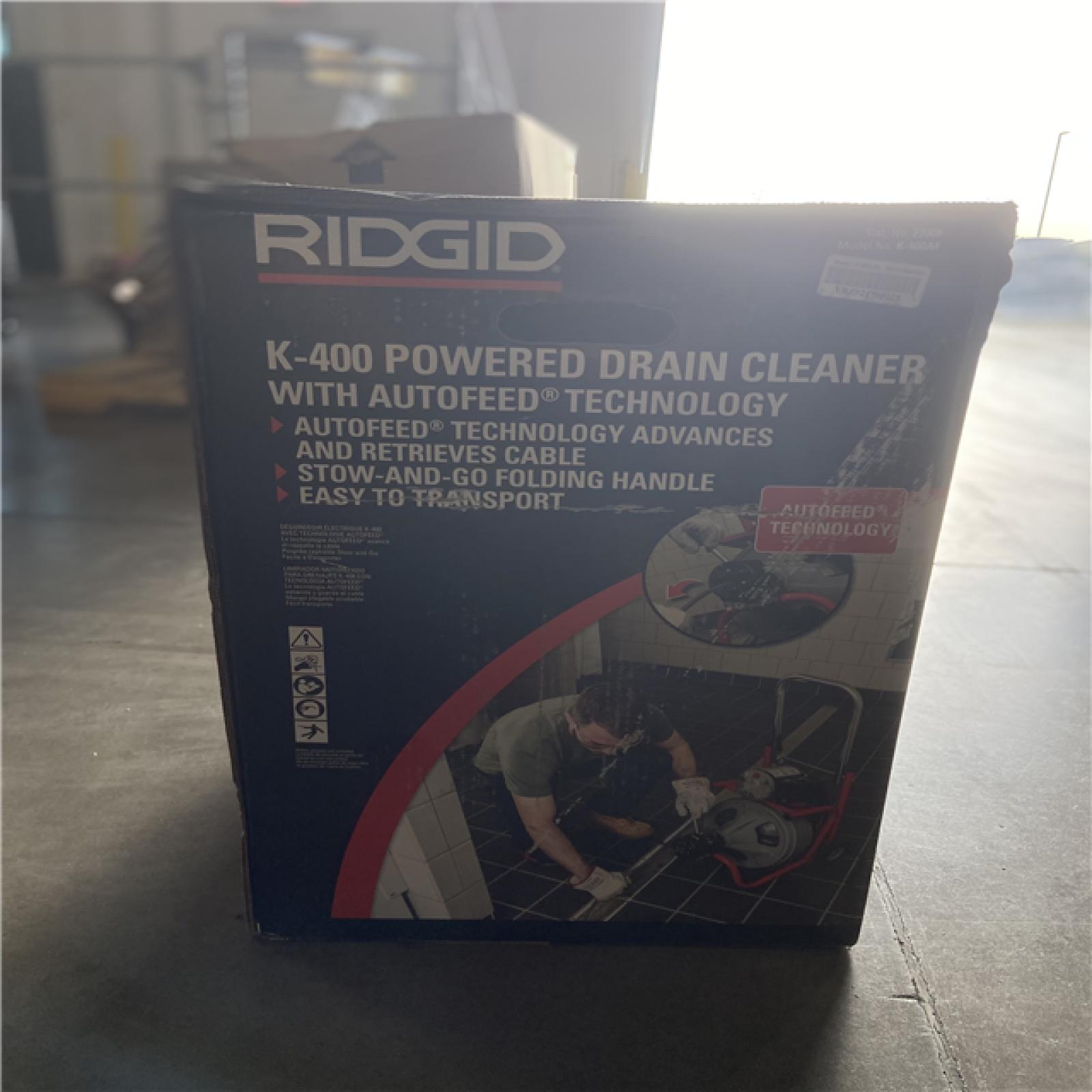 DALLAS LOCATION -  RIDGID K-400 AutoFeed Drain Cleaning Snake Auger 120-Volt Drum Machine and C-32IW 3/8 in. x 75 ft. Cable + Tool Set & Gloves