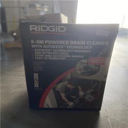 DALLAS LOCATION -  RIDGID K-400 AutoFeed Drain Cleaning Snake Auger 120-Volt Drum Machine and C-32IW 3/8 in. x 75 ft. Cable + Tool Set & Gloves