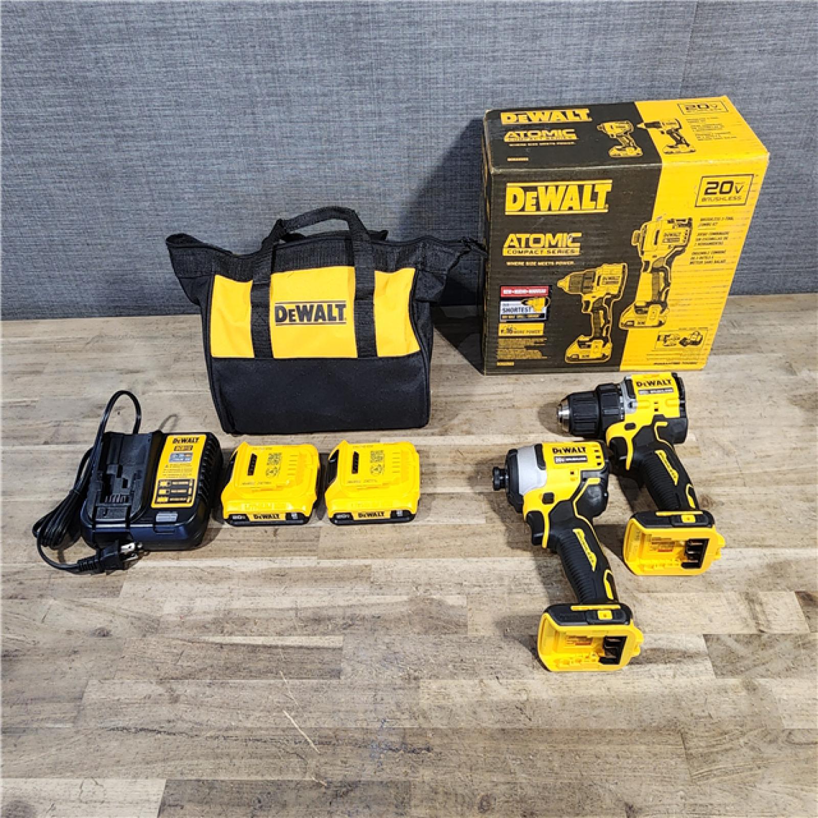 HOUSTON LOCATION - AS-IS Dewalt DCK225D2 20V MAX ATOMIC Brushless Compact Lithium-Ion 1/2 in. Cordless Drill Driver and 1/4 in. Impact Driver Combo Kit with 2 Batteries 2 Ah