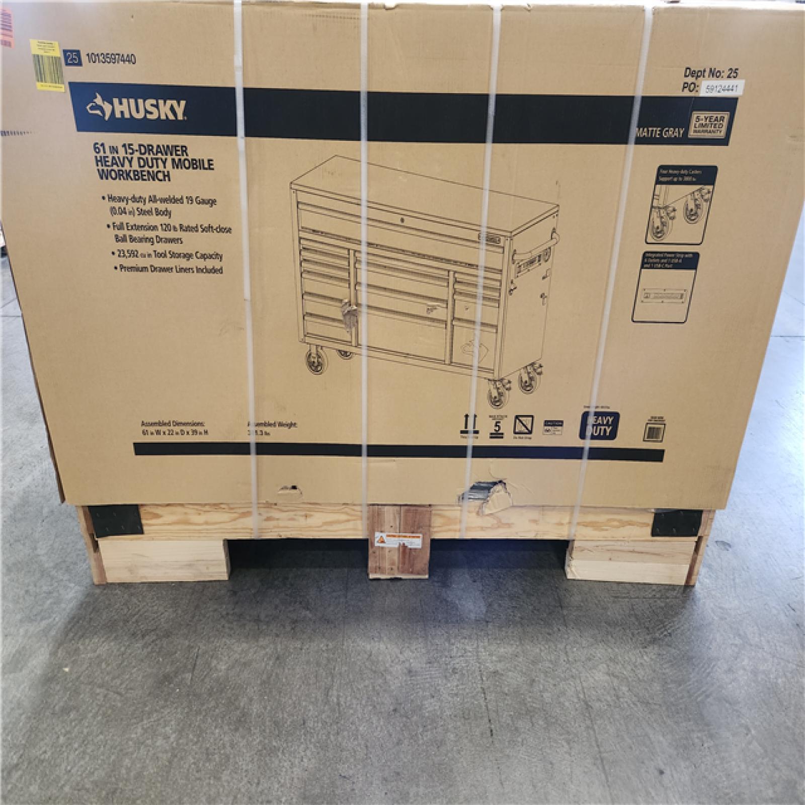 Phoenix NEW Husky Heavy Duty 61 in. W x 23 in. D 15-Drawer Matte Gray Mobile Workbench Cabinet with Solid Wood Top