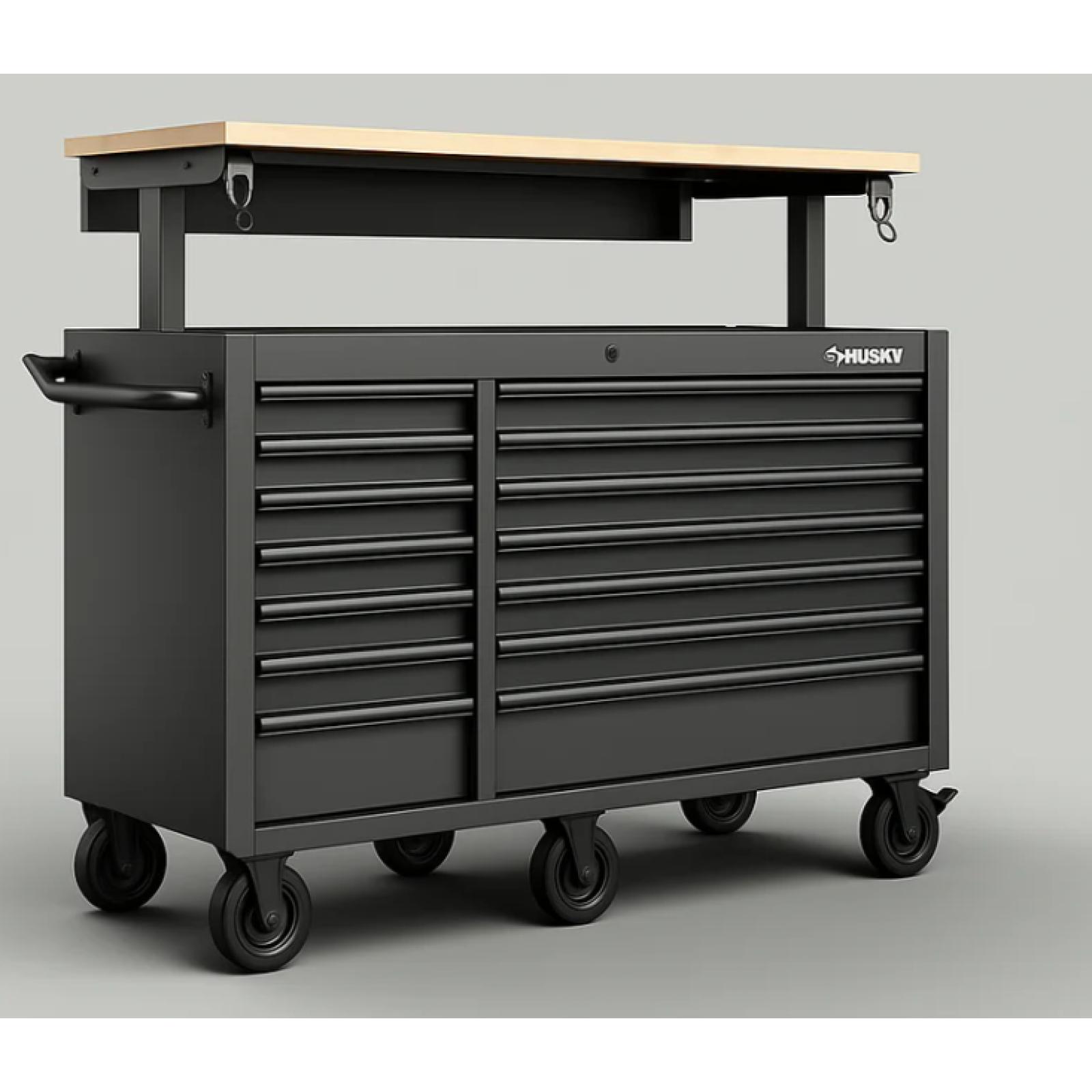 DALLAS LOCATION- HUSKY 62 IN. 14 DRAWER MOBILE WORKBENCH ADJUSTABLE TOP MATTE BLACK