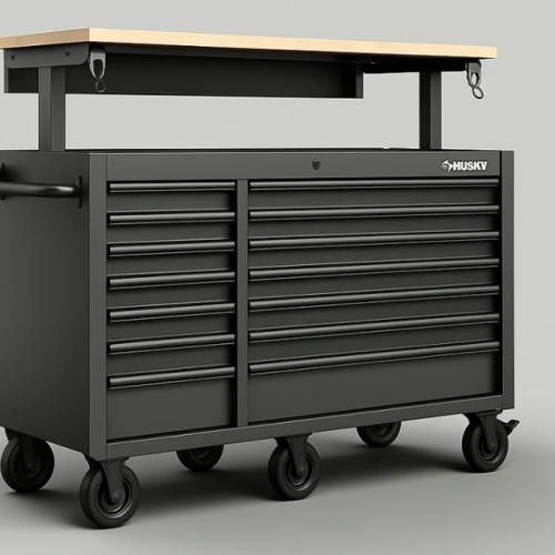 DALLAS LOCATION- HUSKY 62 IN. 14 DRAWER MOBILE WORKBENCH ADJUSTABLE TOP MATTE BLACK
