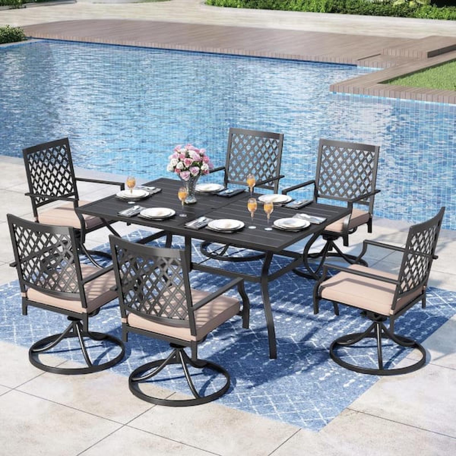 Phoenix NEW PHI VILLA 7-Piece Metal Patio Outdoor Dining Set with Slat Rectangle Table and Stripe Swivel Chairs with Beige Cushions