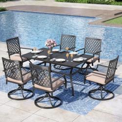 Phoenix NEW PHI VILLA 7-Piece Metal Patio Outdoor Dining Set with Slat Rectangle Table and Stripe Swivel Chairs with Beige Cushions