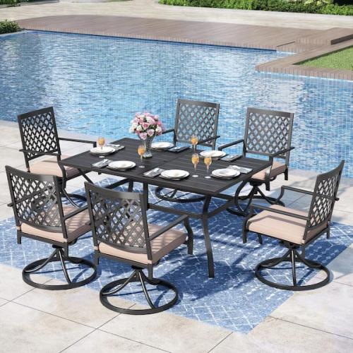 Phoenix NEW PHI VILLA 7-Piece Metal Patio Outdoor Dining Set with Slat Rectangle Table and Stripe Swivel Chairs with Beige Cushions