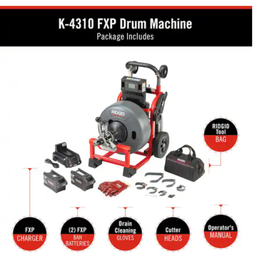DALLAS LOCATION- NEW!- RIDGID K-4310 FXP 5/8 in. Drain Cleaning Drum Machine  Includes 8-Piece Tool Set  Bag  Gloves  2 FXP Battery-8.0 Ah and Charger