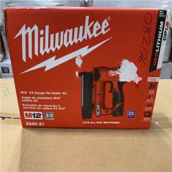AS-IS - Milwaukee M12 12-Volt 23-Gauge Lithium-Ion Cordless Pin Nailer Kit with 1.5 Ah Battery  Charger and Tool Bag