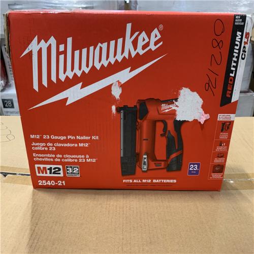 AS-IS - Milwaukee M12 12-Volt 23-Gauge Lithium-Ion Cordless Pin Nailer Kit with 1.5 Ah Battery  Charger and Tool Bag