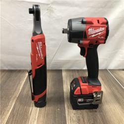 AS-IS Milwaukee FUEL 18V Cordless Mid Torque 1/2 in. Impact Wrench w/ M12 FUEL 3/8 in. Ratchet & Battery/Charger Combo Kit