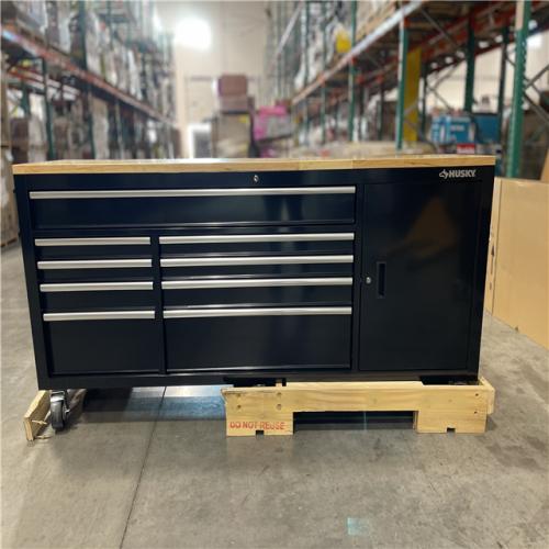 DALLAS LOCATION- Husky 84 in. W x 18 in. D 9-Drawer Mobile Workbench with Wood Top in Gloss Black