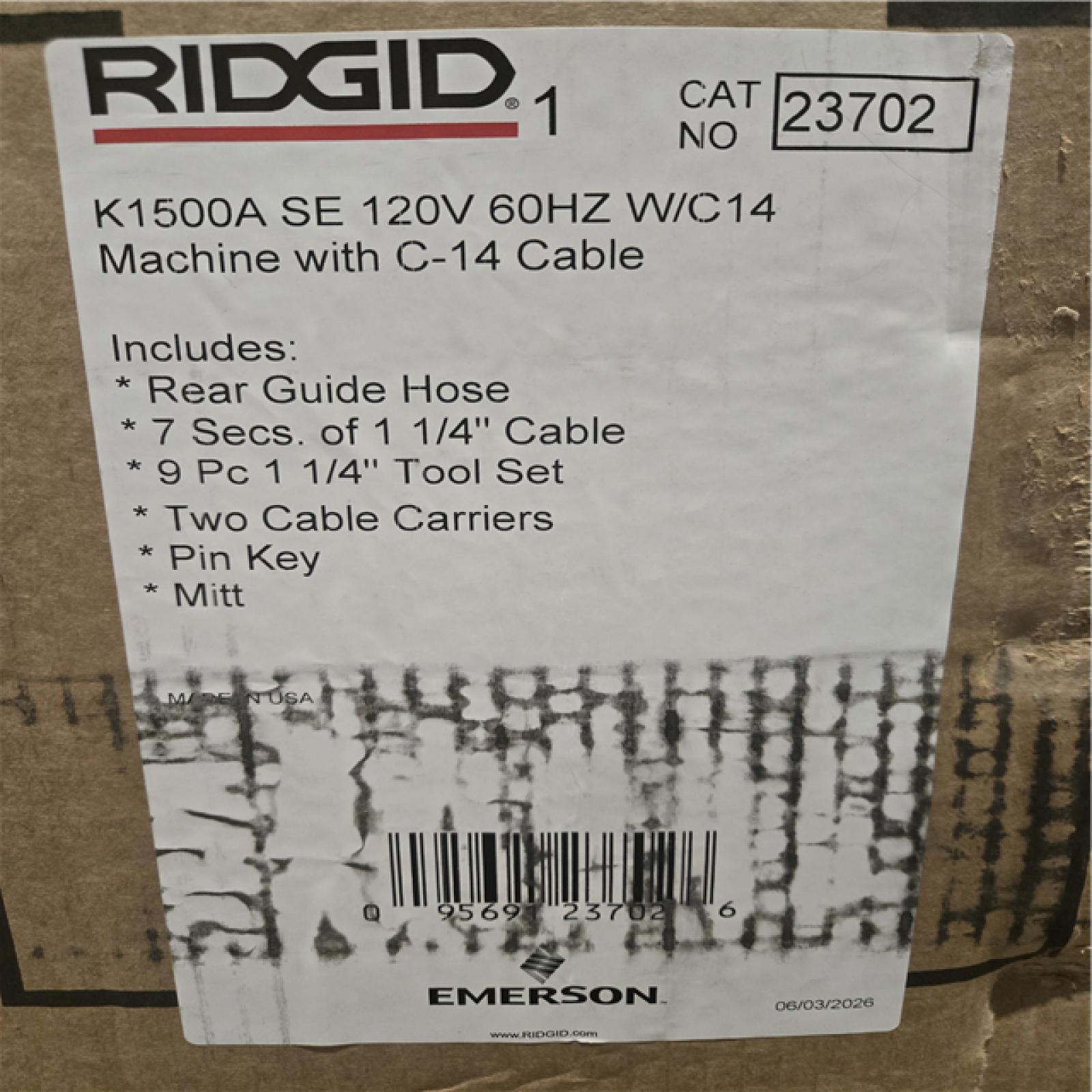 DALLAS LOCATION- RIDGID K1500A Sectional Machine for 2-8 in. Lines  with Mitt  Pin Key  Rear Guide Hose  C-14 Cable  2 Cable Carriers  Tool Set
