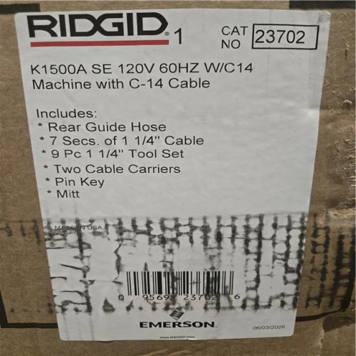 DALLAS LOCATION- RIDGID K1500A Sectional Machine for 2-8 in. Lines  with Mitt  Pin Key  Rear Guide Hose  C-14 Cable  2 Cable Carriers  Tool Set