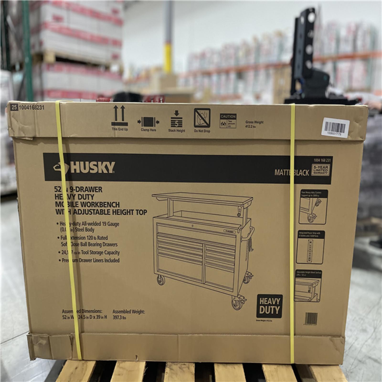 DALLAS LOCATION - Husky 52 in. W x 25 in. D Heavy Duty 9-Drawer Mobile Workbench Cabinet with Adjustable-Height Hardwood Top in Matte Black