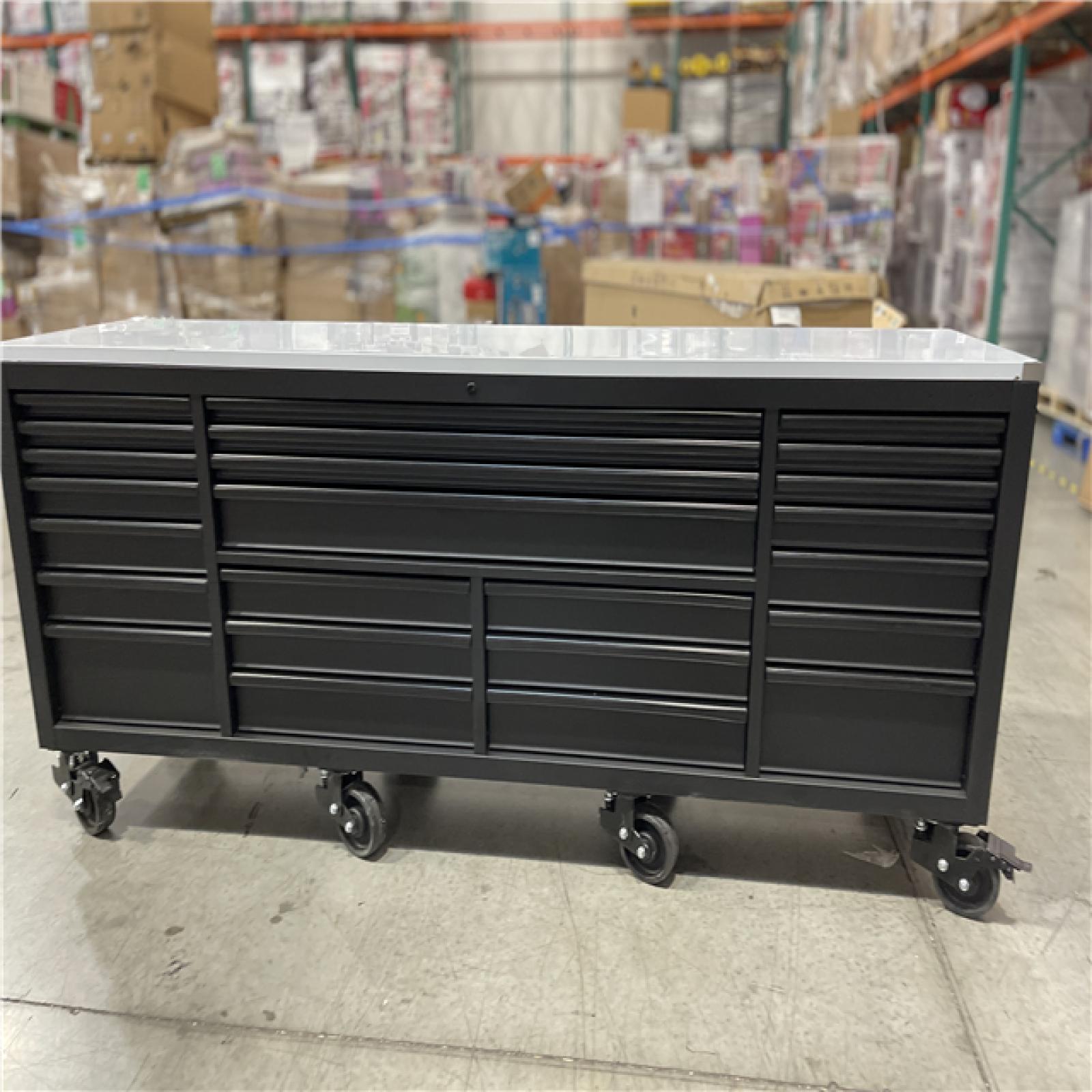 DALLAS LOCATION- AS-IS Husky Tool Storage Heavy Duty 96 in. W x 24 in. D Matte Black Mobile Workbench Cabinet with Stainless Steel Top