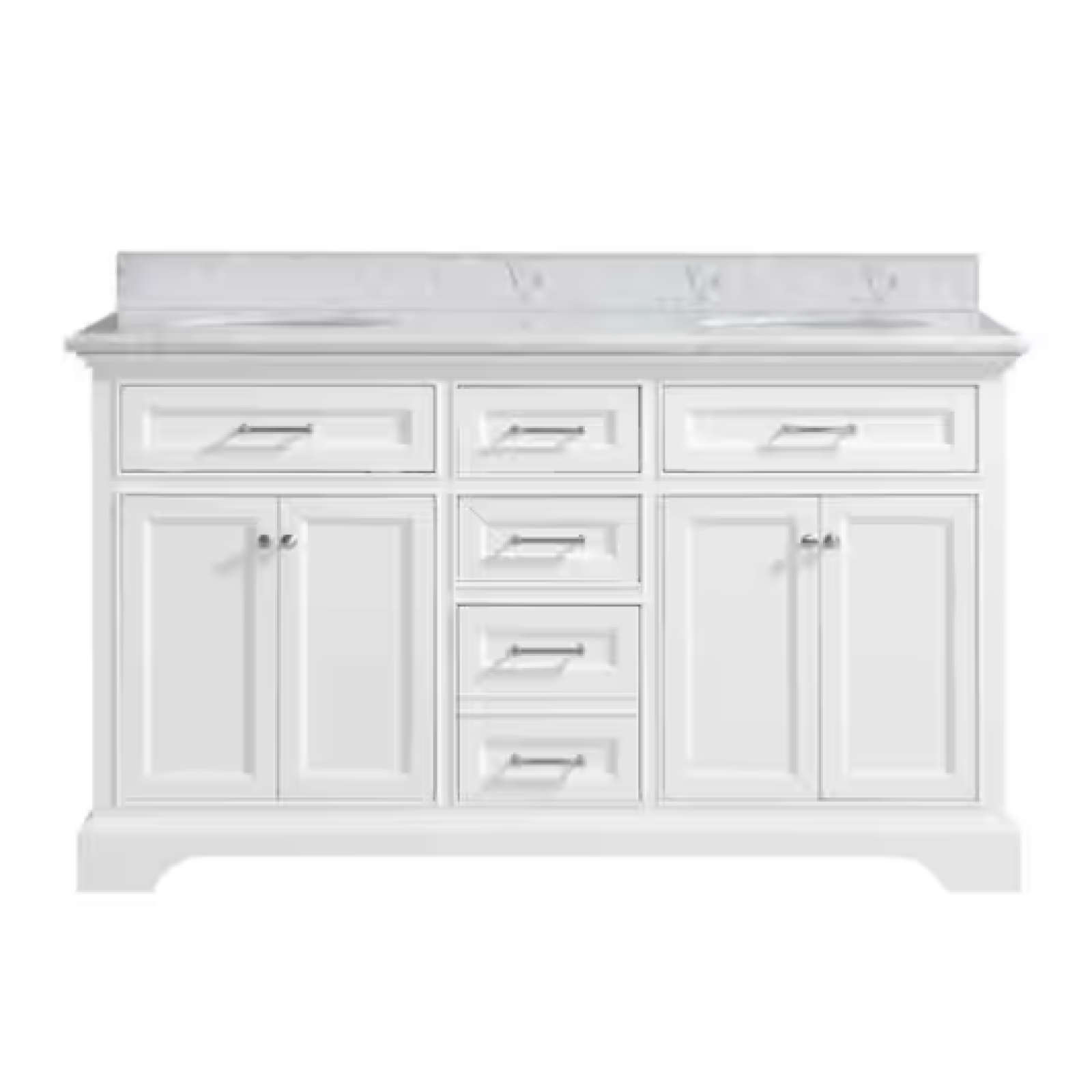 DALLAS LOCATION- AS-IS HOME DECORATORS Windlowe 61 in. Double Sink White Bath Vanity with White Carrara White Marble Top