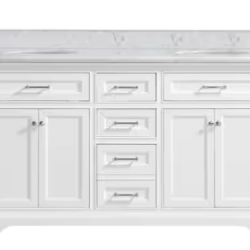 DALLAS LOCATION- AS-IS HOME DECORATORS Windlowe 61 in. Double Sink White Bath Vanity with White Carrara White Marble Top