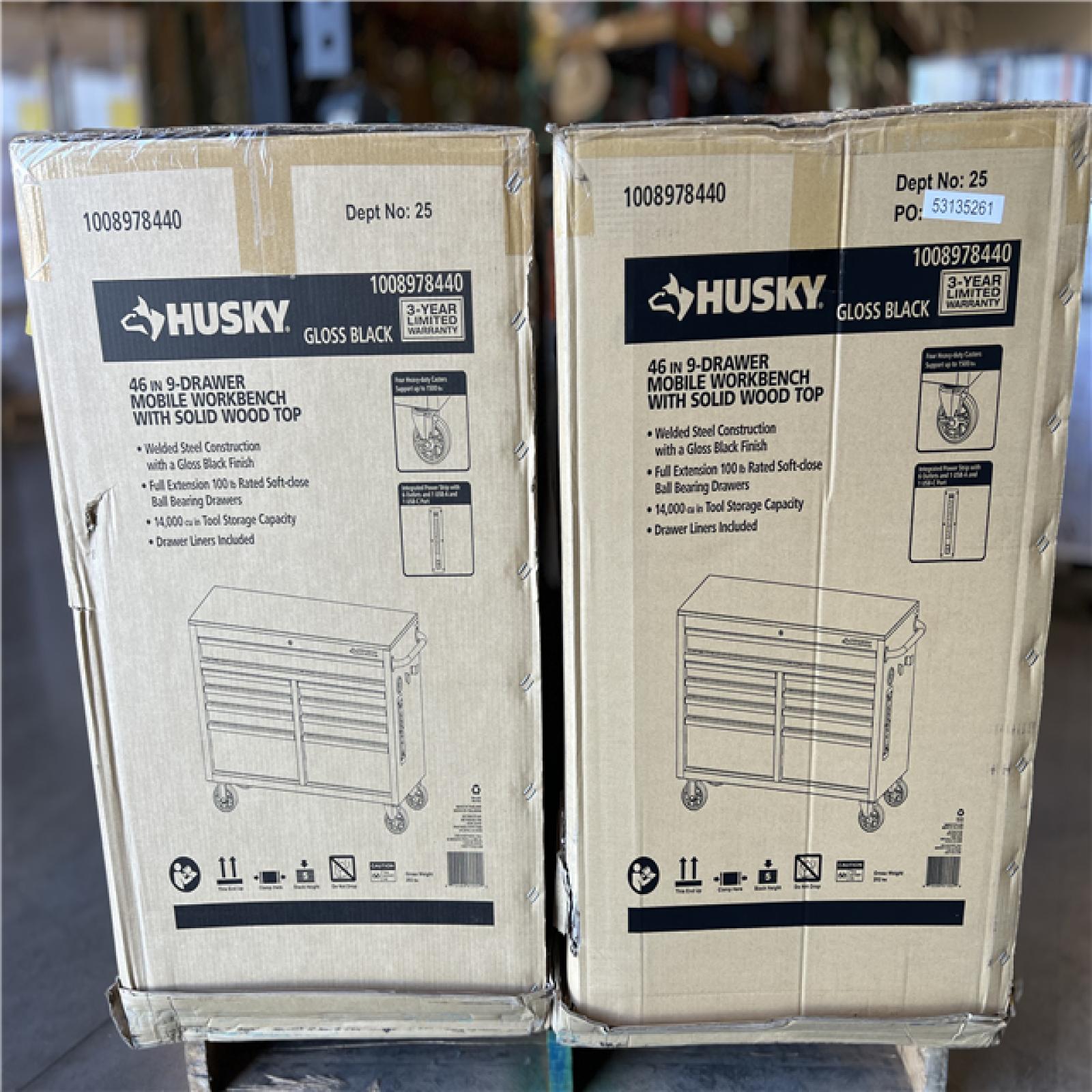 DALLAS LOCATION - Husky Tool Storage 46 in. W x 18 in. D 9-Drawer Mobile Workbench Cabinet in Gloss Black PALLET -(2 UNITS)