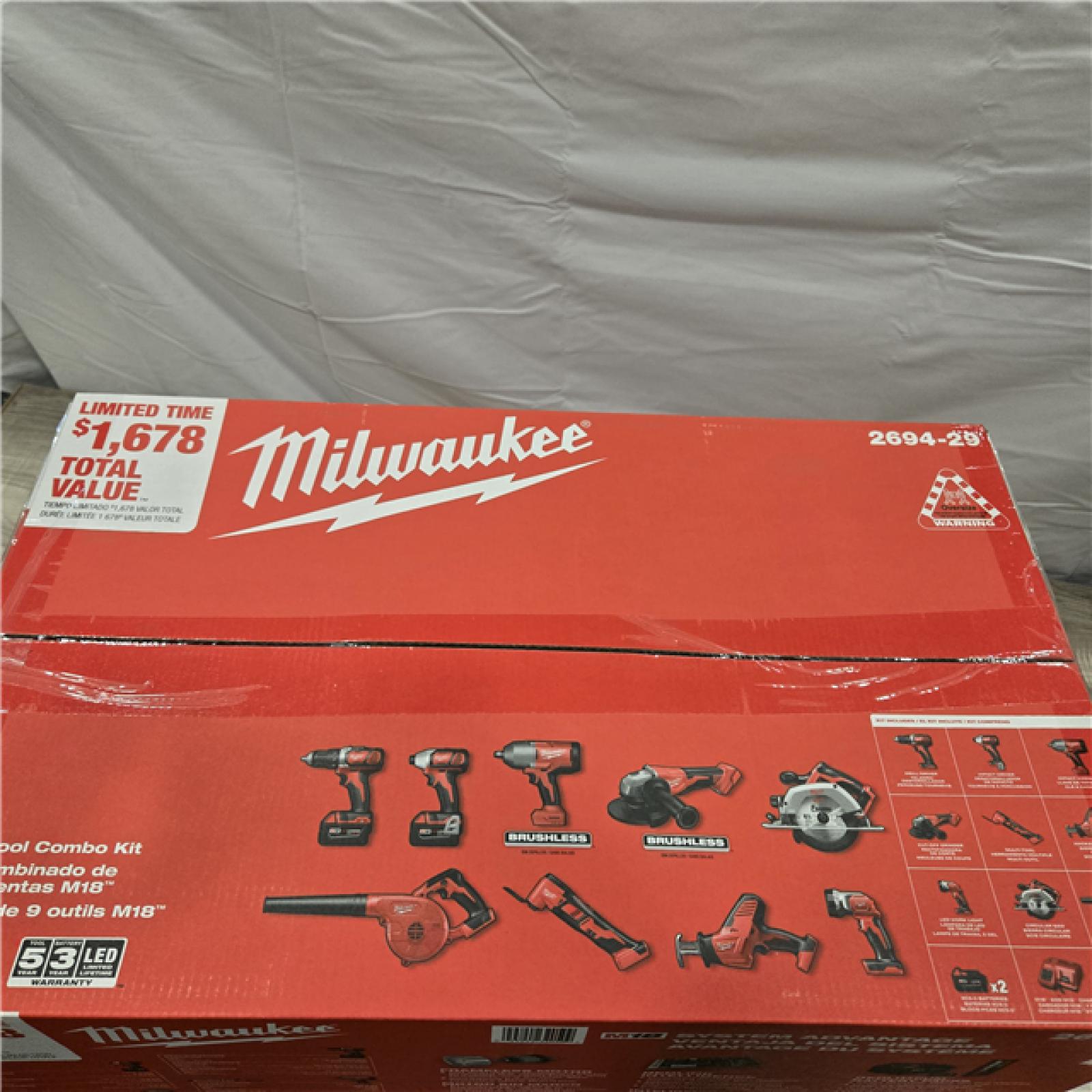 NEW- M18 18-Volt Lithium-Ion Cordless Combo Kit (9-Tool) with (2) Batteries, Charger, and Tool Bag