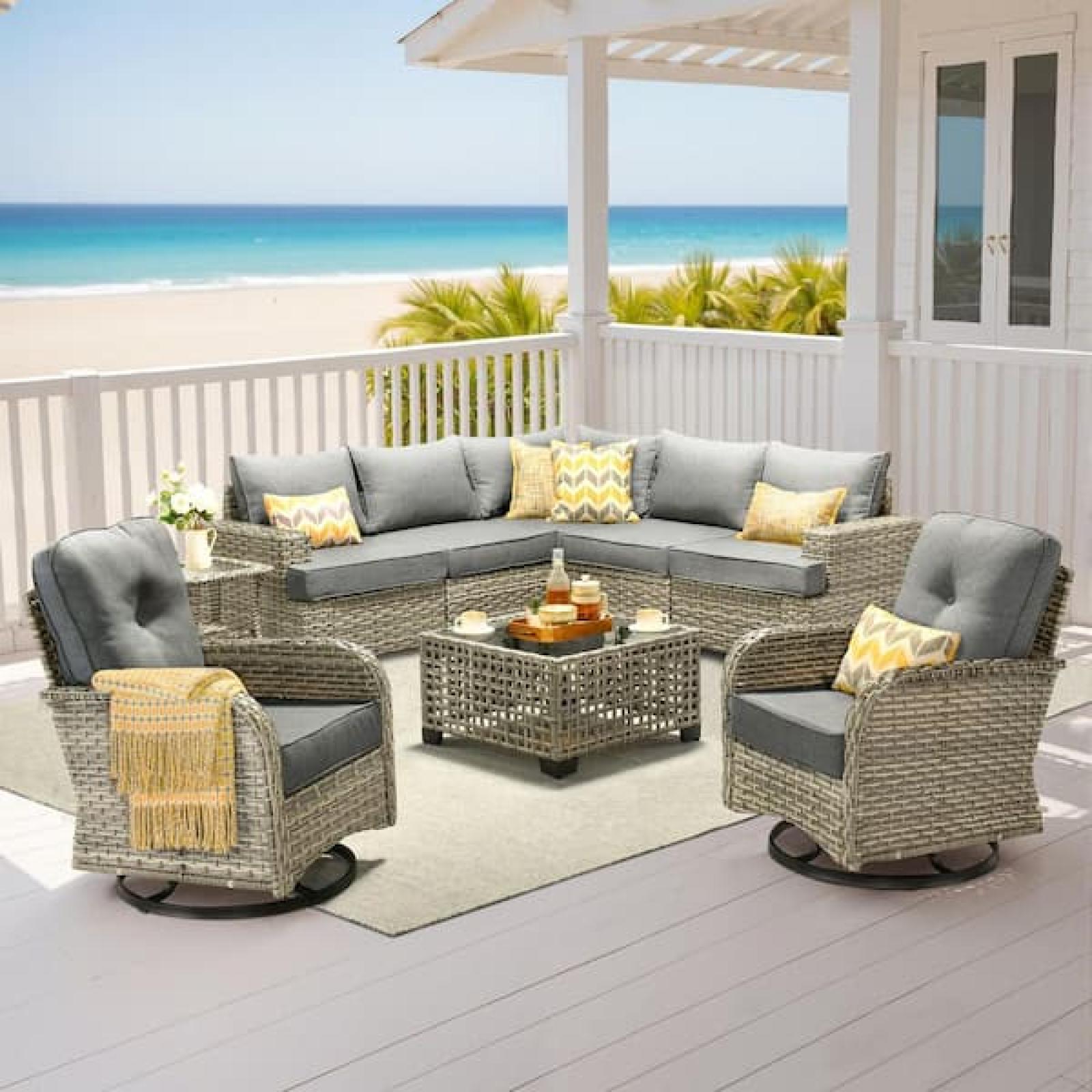 Phoenix AS-IS XIZZI Veranda 9 Pieces Wicker Outdoor Patio and Swivel Rocking Chairs with Dark Gray Cushions
