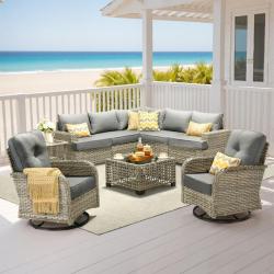 Phoenix AS-IS XIZZI Veranda 9 Pieces Wicker Outdoor Patio and Swivel Rocking Chairs with Dark Gray Cushions
