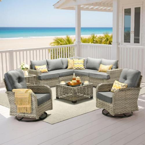 Phoenix AS-IS XIZZI Veranda 9 Pieces Wicker Outdoor Patio and Swivel Rocking Chairs with Dark Gray Cushions