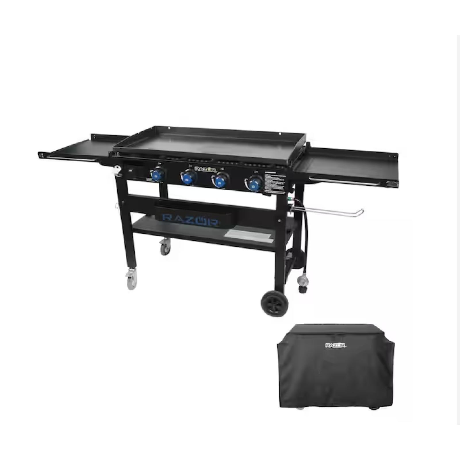 DALLAS LOCATION - Razor 37 in. 4-Burner Portable Propane Gas Griddle Flat Top Grill in Black with Foldable Shelves and Cover