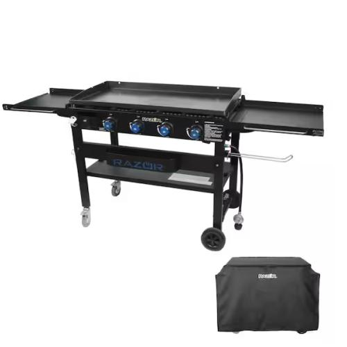 DALLAS LOCATION - Razor 37 in. 4-Burner Portable Propane Gas Griddle Flat Top Grill in Black with Foldable Shelves and Cover
