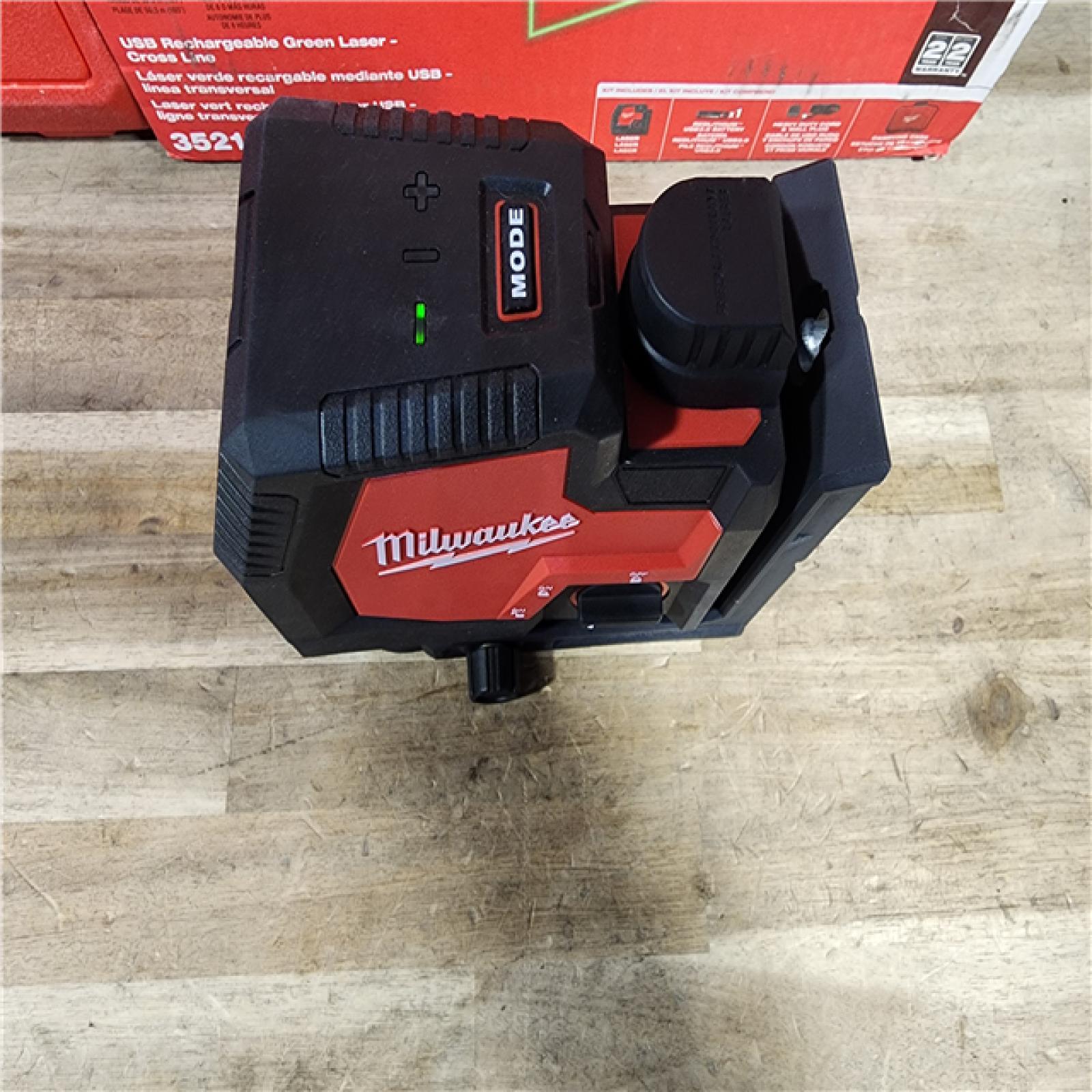 HOUSTON LOCATION - AS-IS MILWAUKEE 100 Ft. REDLITHIUM Lithium-Ion USB Green Rechargeable Cross Line Laser Level with Charger