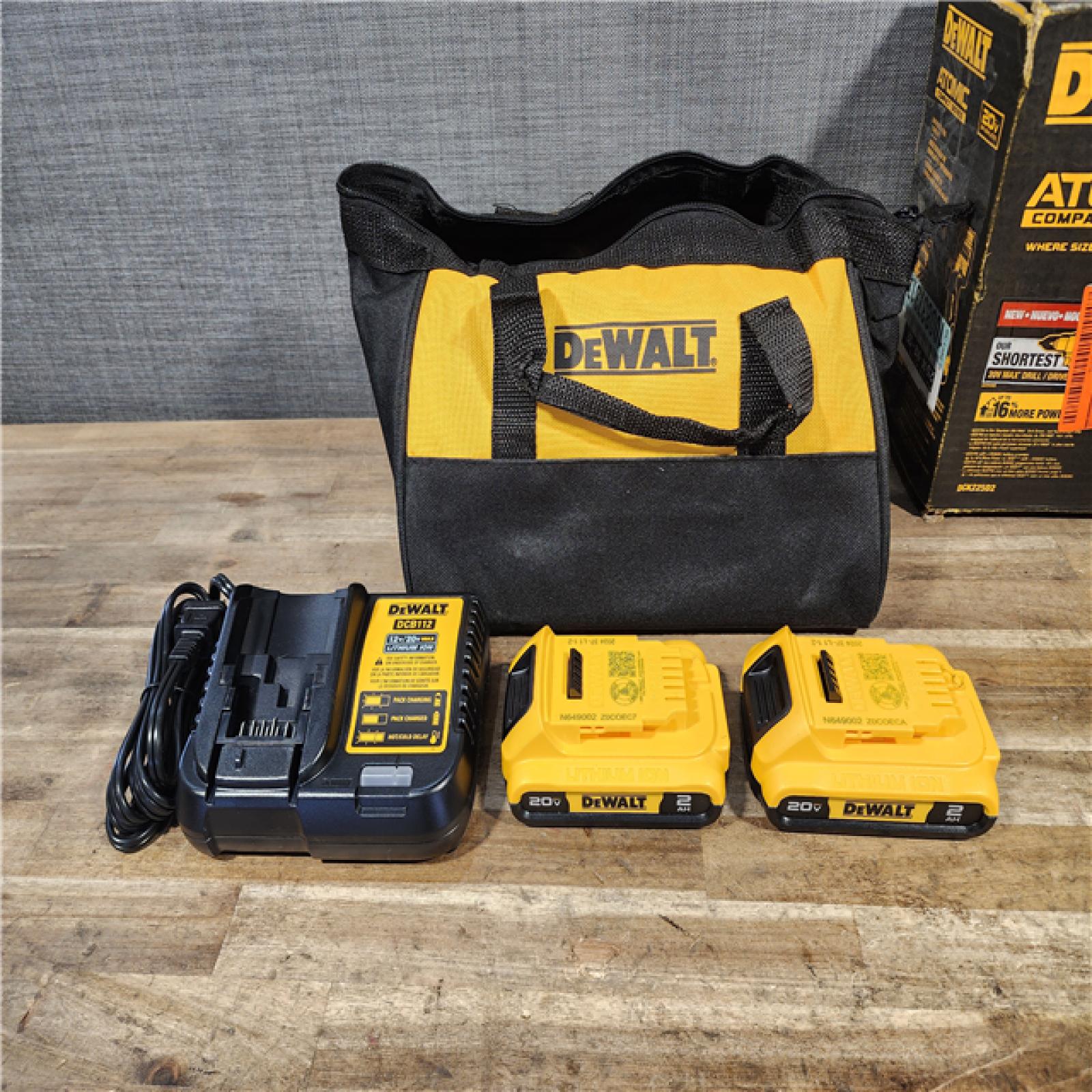 HOUSTON LOCATION - AS-IS Dewalt DCK225D2 20V MAX ATOMIC Brushless Compact Lithium-Ion 1/2 in. Cordless Drill Driver and 1/4 in. Impact Driver Combo Kit with 2 Batteries 2 Ah