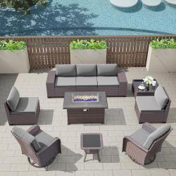 Phoenix Location Halmuz 10-Piece Wicker Patio Conversation Set with 55000 BTU Gas Fire Pit Table, Glass Coffee Table and Swivel Rocking Chairs