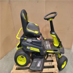 CALIFORNIA AS-IS RYOBI R1 80 HP BRUSHLESS LITHIUM BATTERY CORLESS ELETRIC 30 IN. RIDING LAWN MOWER W/ CHARGER