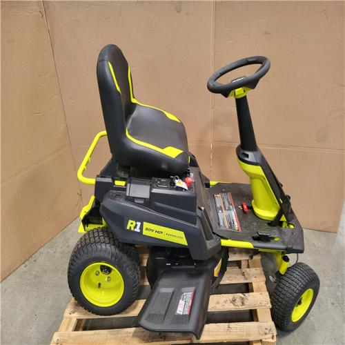 CALIFORNIA AS-IS RYOBI R1 80 HP BRUSHLESS LITHIUM BATTERY CORLESS ELETRIC 30 IN. RIDING LAWN MOWER W/ CHARGER