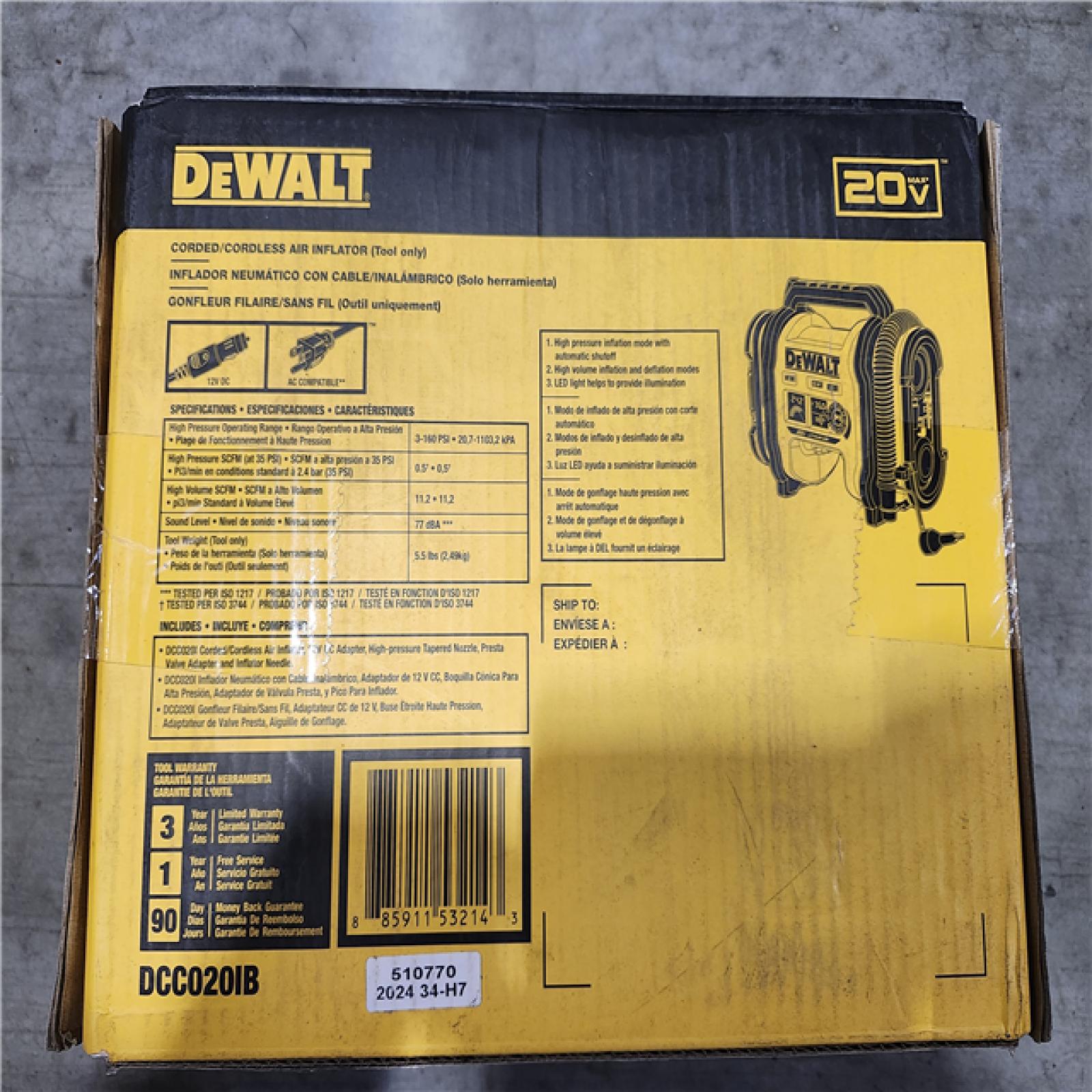 NEW! - DEWALT 20V MAX Cordless Electric Portable Inflator (Tool Only)