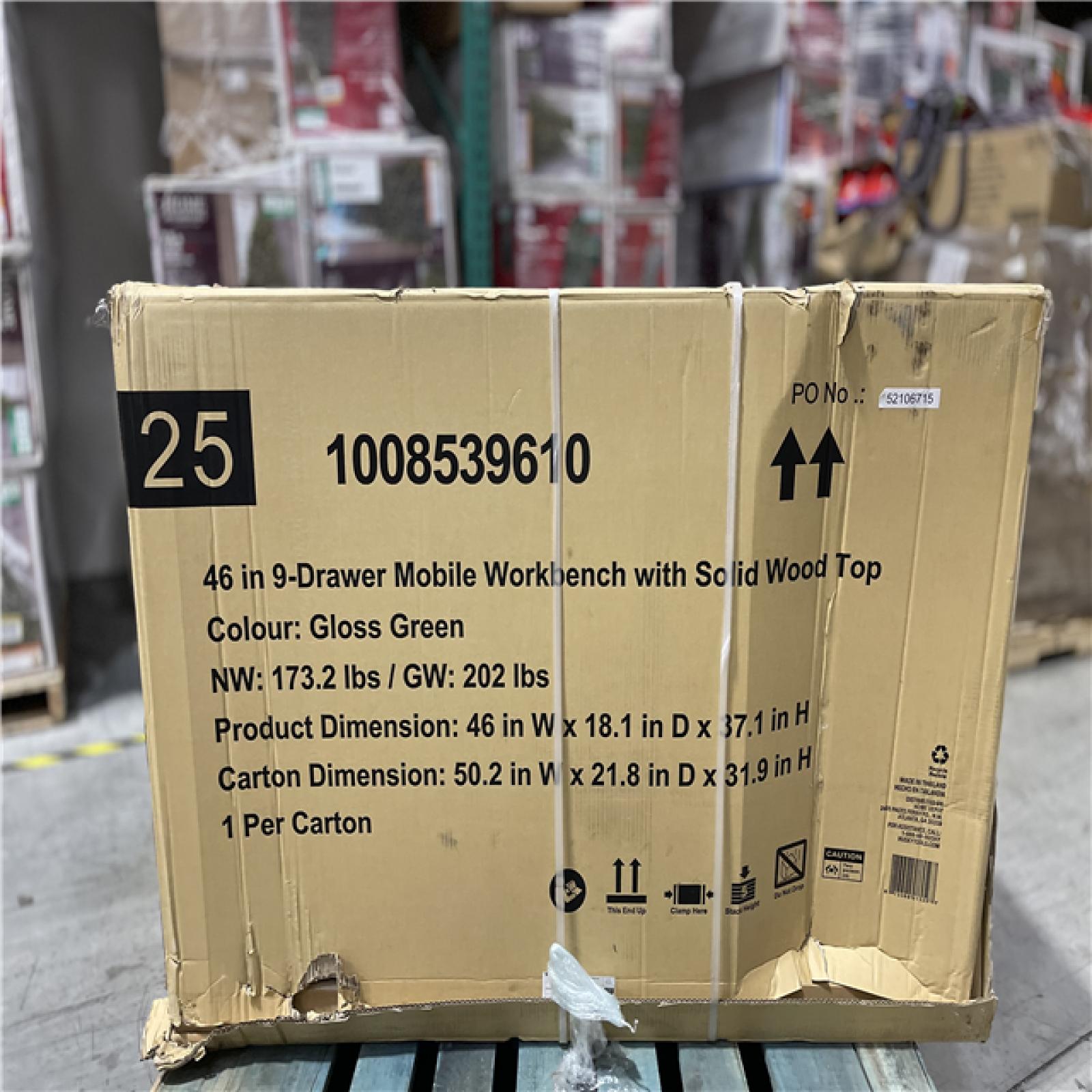 DALLAS LOCATION - AS-IS Husky 46 in. W x 18 in. D 9-Drawer Gloss Green Mobile Workbench Cabinet with Solid Wood Top