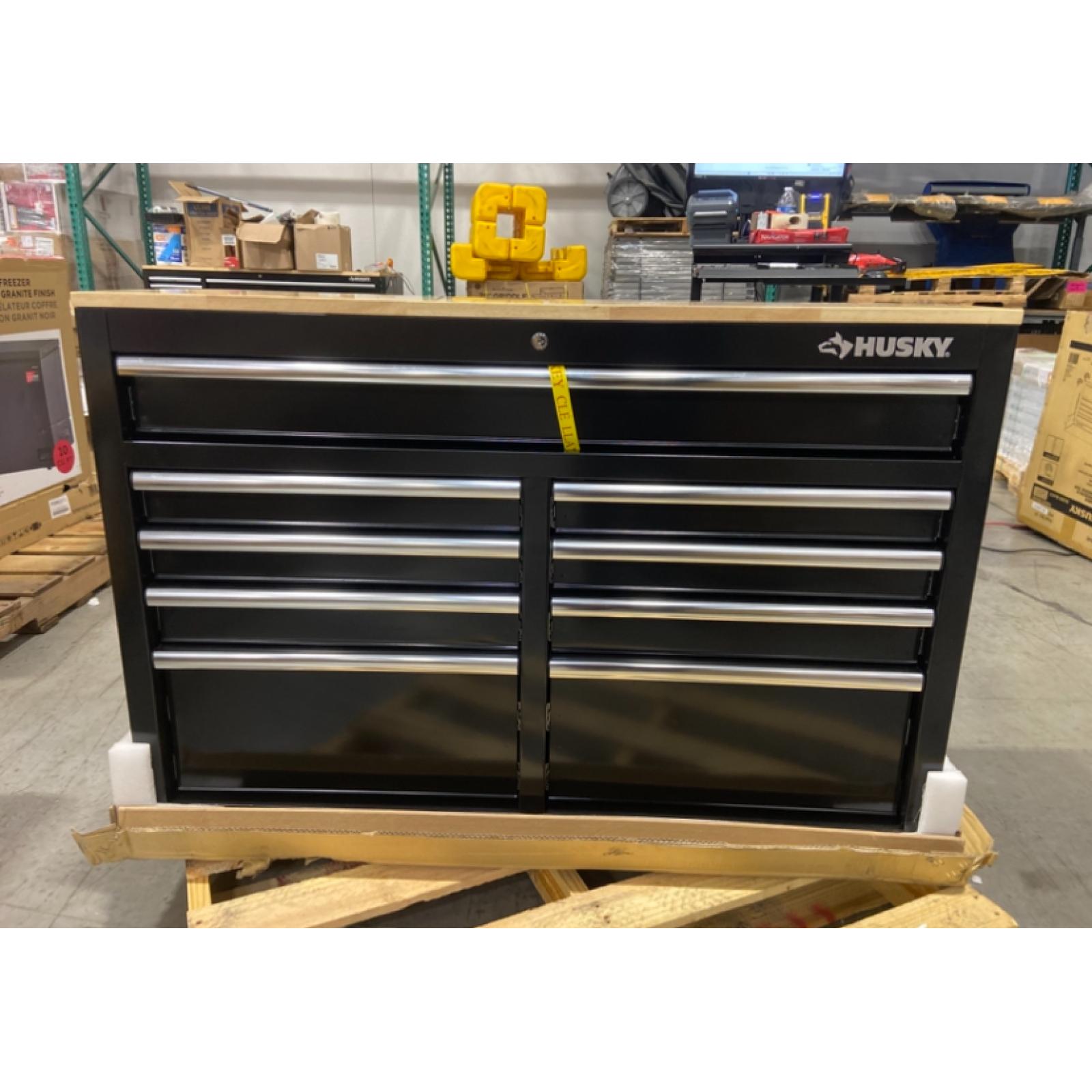 DALLAS LOCATION - Husky Tool Storage 46 in. W x 18 in. D 9-Drawer Mobile Workbench Cabinet in Gloss Black