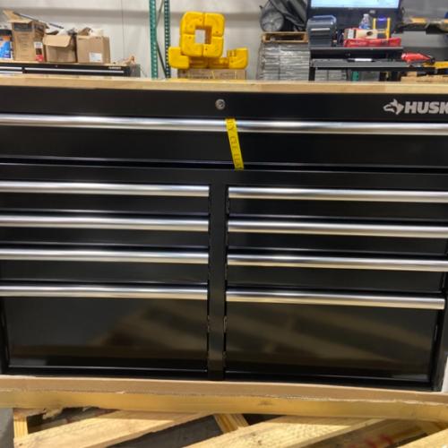 DALLAS LOCATION - Husky Tool Storage 46 in. W x 18 in. D 9-Drawer Mobile Workbench Cabinet in Gloss Black
