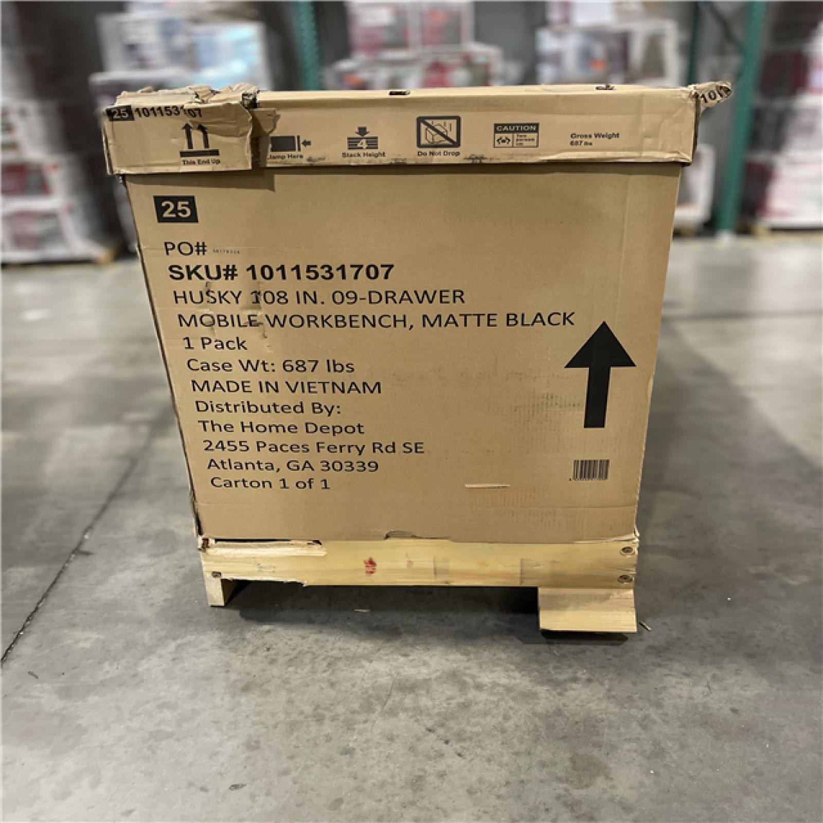 DALLAS LOCATION- AS-IS Husky 108 in. W x 24 in. D 9-Drawer Heavy-Duty Mobile Workbench with Stainless Steel Top in Matte Black